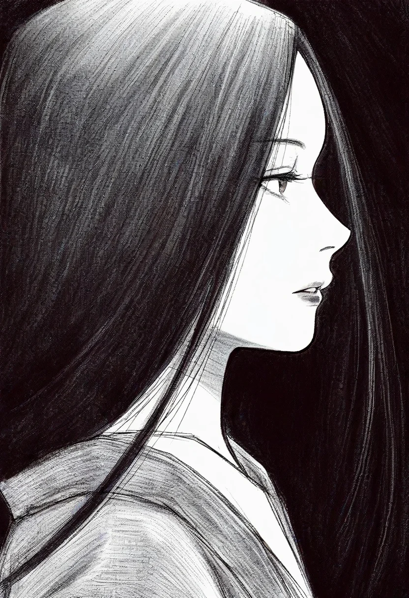 <lora:EerieArtwork1llust:0.8>,
EerieArtwork,MacabreAesthetic,DarkArt,monochrome,
-, 1girl, solo, long hair, parted lips, profile, bangs