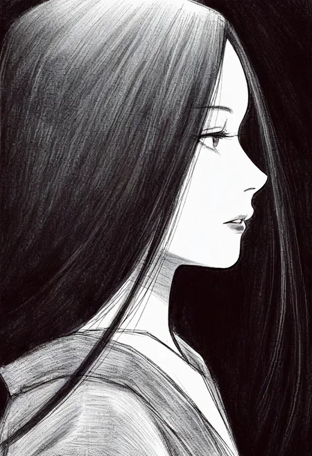 <lora:EerieArtwork1llust:0.8>,
EerieArtwork,MacabreAesthetic,DarkArt,monochrome,
-, 1girl, solo, long hair, parted lips, profile, bangs