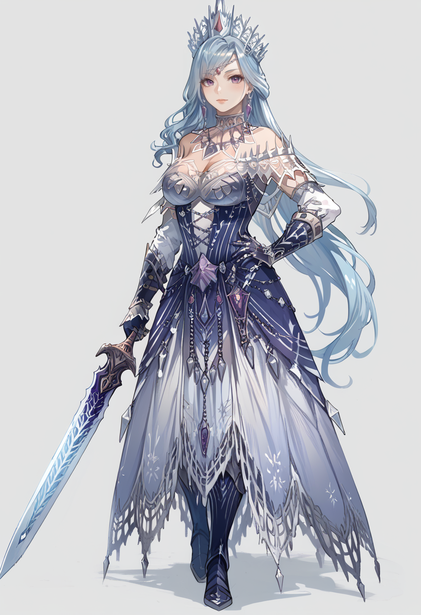 (score_9:0.9),score_8_up,score_7_up,rating_safe,anime style,(zPDXL),<lora:velkhana beta armor ponyXL v1.2:0.8>,velkhana armor,1girl,solo,large breasts,white background,simple background,blue hair,full body,looking at viewer,long hair,silver crown,purple eyes,blue gloves,blue long dress,blue thigh boots,standing,huge blue sword,hand on own hip,holding weapon,