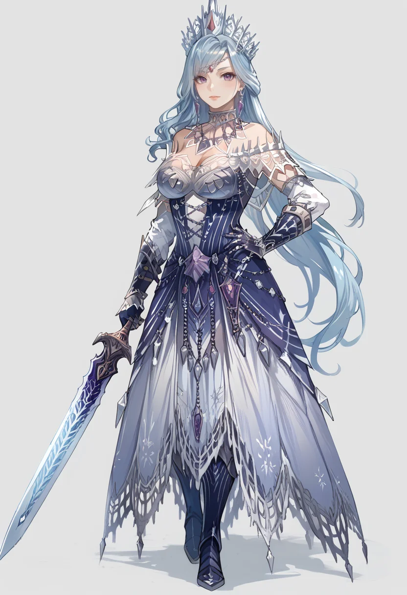 (score_9:0.9),score_8_up,score_7_up,rating_safe,anime style,(zPDXL),<lora:velkhana beta armor ponyXL v1.2:0.8>,velkhana armor,1girl,solo,large breasts,white background,simple background,blue hair,full body,looking at viewer,long hair,silver crown,purple eyes,blue gloves,blue long dress,blue thigh boots,standing,huge blue sword,hand on own hip,holding weapon,