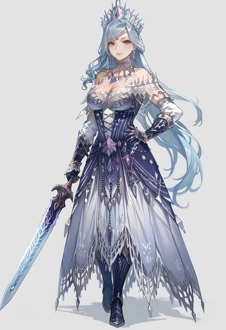 (score_9:0.9),score_8_up,score_7_up,rating_safe,anime style,(zPDXL),<lora:velkhana beta armor ponyXL v1.2:0.8>,velkhana armor,1girl,solo,large breasts,white background,simple background,blue hair,full body,looking at viewer,long hair,silver crown,purple eyes,blue gloves,blue long dress,blue thigh boots,standing,huge blue sword,hand on own hip,holding weapon,