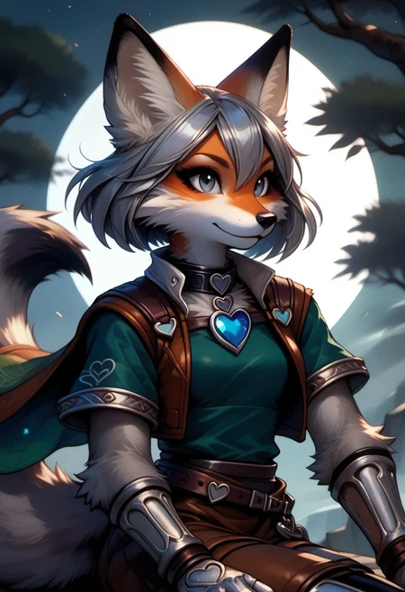 score_9, score_8_up, score_7_up, source_furry, natgra2, gray eyes, short hair, silver hair, steel greaves, plated footwear, brown skirt, black pants, green shirt, brown leather vest, silver belts, white gloves, silver chest plate, anthro, female furry, fox, fox tail, fox ears, body fur, fluffy, paws, moon, trees, sitting, heart-shaped pendant, cape, scarf