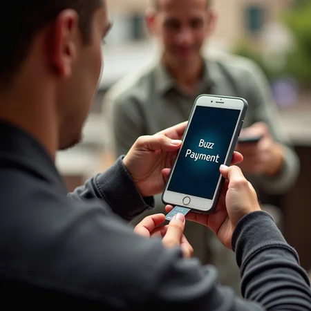 A man is paying through a mobile payment system. text on screen says "Buzz Payment".