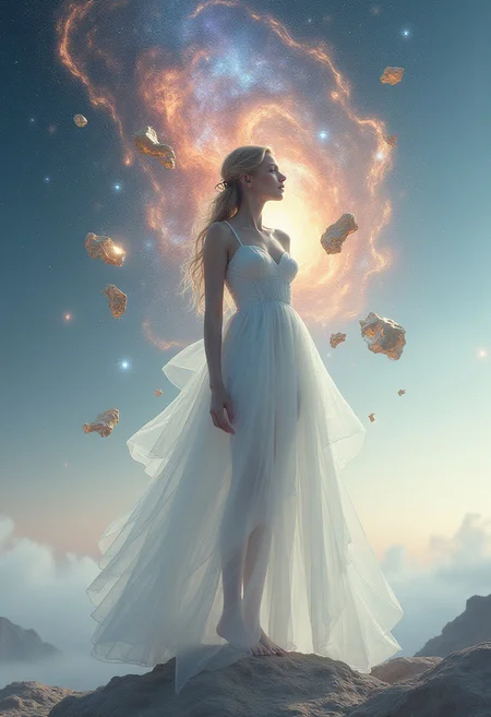 A woman stands in an alien landscape, her figure a delicate silhouette against a backdrop of cosmic wonder. Her presence is both tangible and ephemeral, her form partially veiled by a mesmerizing dance of fragmented shapes. The sky above is a swirling canvas of nebulae and constellations, their otherworldly colors – vibrant blues, deep purples, and fiery oranges – reflected in the translucent fragments that dance around her.
These fragments, sculpted from piano black and luminous white porcelain, are geometric shapes that echo both the celestial bodies above and the graceful curves of the woman's form. They are connected by intricate veins of gold, pulsing with a subtle energy that suggests the unseen forces that bind them together, a delicate cosmic ballet.
The background is a subtle blend of soft grays and muted whites, a quiet canvas that allows the drama of the foreground to take center stage. This muted palette emphasizes the ethereal glow of the fragments and the woman's form, creating a striking contrast that draws the eye.
Delicate wisps of white, representing the flow of cosmic energy, swirl around the woman, adding an element of dynamism and ethereal beauty. They weave through the fragments, creating a sense of movement and interconnectedness, a cosmic dance that unites the woman with the universe around her.