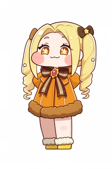 (trickcalcg), (chibi, chibi only:1.3), blush, blush stickers, 
1girl, solo, long hair, blush, smile, simple background, blonde hair, long sleeves, hair ornament, white background, bow, ribbon, closed mouth, very long hair, twintails, standing, full body, yellow eyes, hair bow, star \(symbol\), chibi, coat, orange eyes, fur trim, black bow, :3, blush stickers, drill hair, transparent background, gem, brooch, +_+, yellow footwear, brown bow, chloe \(trickcal\), 
(masterpiece, best quality, absurdres, highres, newest, very awa:1.2), 