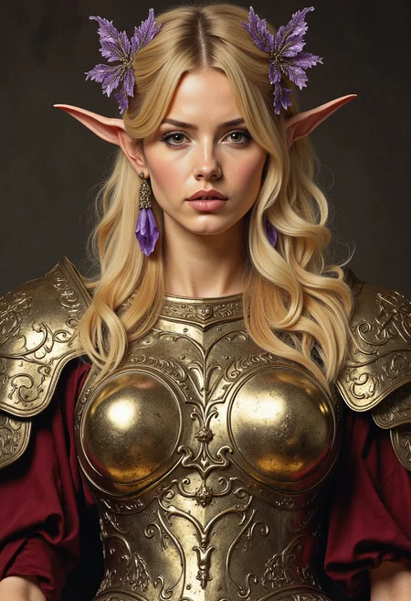 very beautiful mature woman, A whimsically regal Roman Praetorian guard man with shoulder-length blonde hair and elegantly pointed elven ears adorned with intricate purple ornaments stands tall. The image, perhaps a fantastical painting, captures every nuance of the guard's appearance in exquisite detail. The gleaming armor reflects the imaginary light, while the ornate decorations on the ears add a touch of mystique. Overall, this captivating portrayal exudes a sense of enchanting opulence, inviting viewers to be mesmerized by this fantastical fusion of historical and mythical elements.
