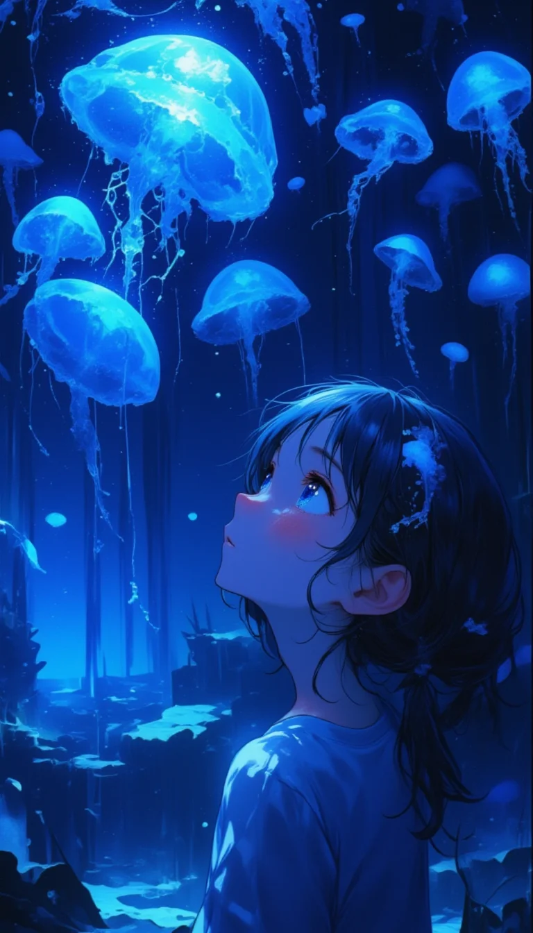 In a dimly lit aquarium, where the ambiance is tinged with a deep blue hue, a young girl gazes in awe at a mesmerizing jellyfish tank. The ethereal glow of the jellyfish, their translucent bodies pulsating rhythmically, creates an enchanting display that illuminates her delicate features. Her wide, curious eyes glisten with wonder, reflecting the soft, undulating light, while strands of her hair cascade down, slightly illuminated by the bioluminescent creatures. The air is filled with the faint sound of water softly lapping against the glass, creating a peaceful rhythm that complements her tranquil expression. Nearby, the subtle scent of saltwater mingles with the cool air, enveloping the scene in a serene atmosphere. The intricately designed tank, adorned with smooth pebbles and swaying seaweed, adds to the otherworldly experience, as glimmers of light dance across the surface, captivating both her heart and imagination in this magical underwater realm.,lyh_niji