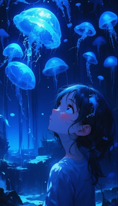 In a dimly lit aquarium, where the ambiance is tinged with a deep blue hue, a young girl gazes in awe at a mesmerizing jellyfish tank. The ethereal glow of the jellyfish, their translucent bodies pulsating rhythmically, creates an enchanting display that illuminates her delicate features. Her wide, curious eyes glisten with wonder, reflecting the soft, undulating light, while strands of her hair cascade down, slightly illuminated by the bioluminescent creatures. The air is filled with the faint sound of water softly lapping against the glass, creating a peaceful rhythm that complements her tranquil expression. Nearby, the subtle scent of saltwater mingles with the cool air, enveloping the scene in a serene atmosphere. The intricately designed tank, adorned with smooth pebbles and swaying seaweed, adds to the otherworldly experience, as glimmers of light dance across the surface, captivating both her heart and imagination in this magical underwater realm.,lyh_niji