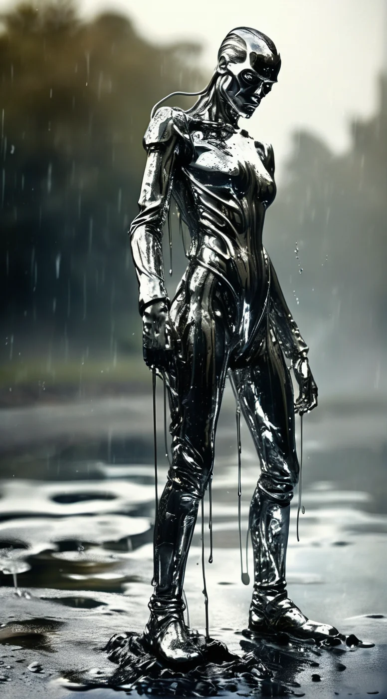 solvique full body terminator on the battlefield, made of melting silver liquid, cinematic, enigmatic, expressive <lora:solvique:0.7>
