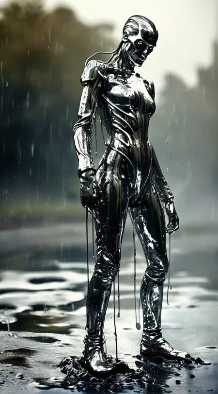 solvique full body terminator on the battlefield, made of melting silver liquid, cinematic, enigmatic, expressive <lora:solvique:0.7>