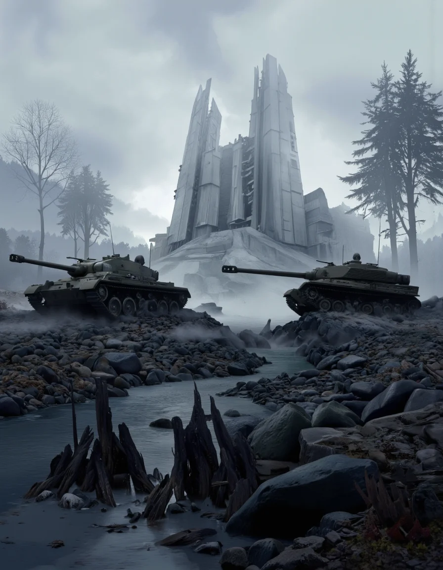 Art by Zhang Jing. A digital illustration shoot from a far camera angle about a post-apocalyptic scene featuring destroyed military vehicles amidst a desolate landscape. the scene is set in a foggy, misty environment with a large, futuristic building in the background, partially collapsed and surrounded by trees. in the foreground, there are several damaged armored vehicles, including a large tank on the left and a smaller one on the right, positioned in the middle of the image. the vehicles appear to be in a state of disrepair, with jagged rocks and debris scattered around, and a stream running through the scene. the overall atmosphere is eerie and desolate, with a sense of war and destruction. the lighting is dim, casting a soft glow on the scene, and the overall color palette is muted, with shades of blue, gray, and black.