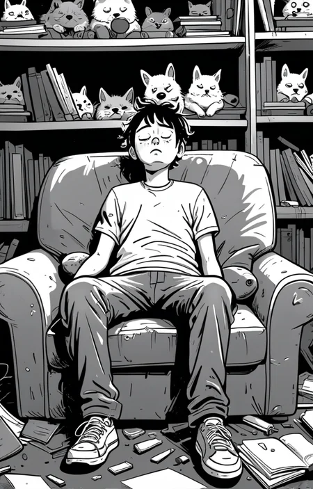 masterpiece,best quality,<lora:tbh373-sdxl:0.6>,illustration,style of exhausted people ,greyscale and white,comic animals