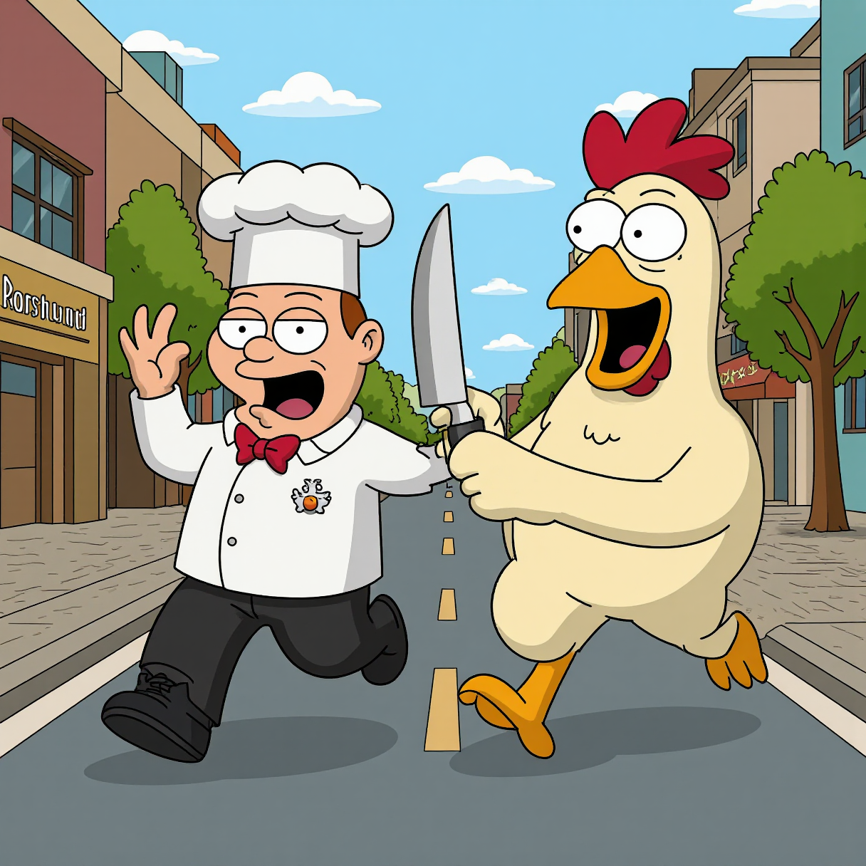 A terrified chef running through a street while being chased by a giant angry chicken holding a butcher knife.