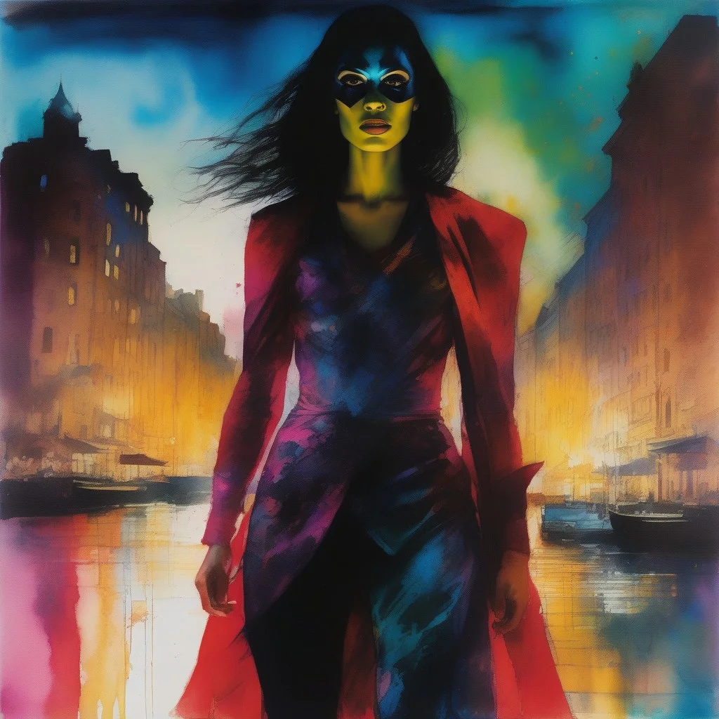 Charcoal and paint, impressionistic bidimensional a biracial goth girl, dressed in vibrant colours instead of black, superhero action pose. Glowing magics encircle her. (Full body), watercolor (monet:1.2) dadaistic collage (by Bill Sienkiewicz:1.5), night city. Beautiful face. resplendent spotlight effect, alcohol and gold leaf highlights. Very detailed.