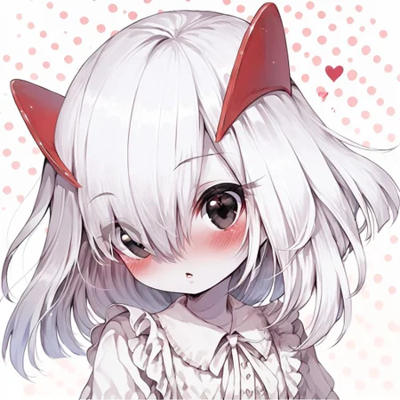 score_9, score_8_up, score_7_up, 1girl, solo,
kirlia \(pokemon\), shiny kirlia, black eyes, white skin, (white hair:1.2), :o, parted lips, blush, looking at viewer, upper body, hearts, polka dot background, white blouse, frills, cute dress.