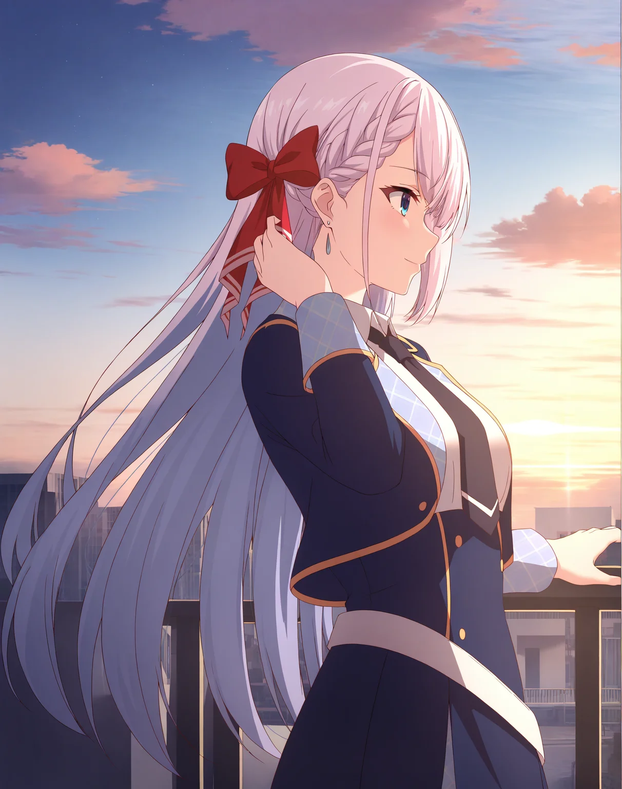 <lora:Riselia2-000018:0.7>Riselia,solo,normal suit,smile,hair tucking,outdoors,profile,hand on railing,dusk,
