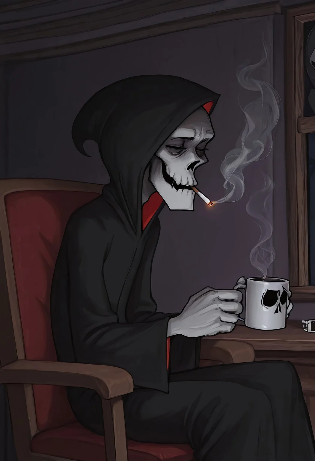 Masterpiece, best quality, highly detailed, Gr1m, RPR, 1boy, Grim reaper, solo, tired, sitting on chair, holding coffee mug, smoking a cigarette,