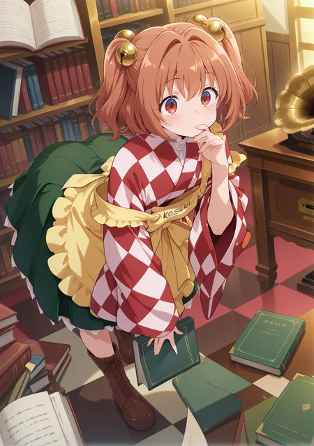 absurdres, highres, masterpiece, best quality, amazing quality, official anime artwork, screencap, anime screencap, indoors, dynamic pose, library, 
<lora:Kosuzu-Motoori_Illustrious:1> motoori kosuzu, 1girl, solo, brown eyes, brown hair, twintails, short hair,, bell, checkered kimono, wide sleeves, yellow apron, green skirt,  
holding book, hand on mouth, book, phonograph, open book, closed book, checkered floor,