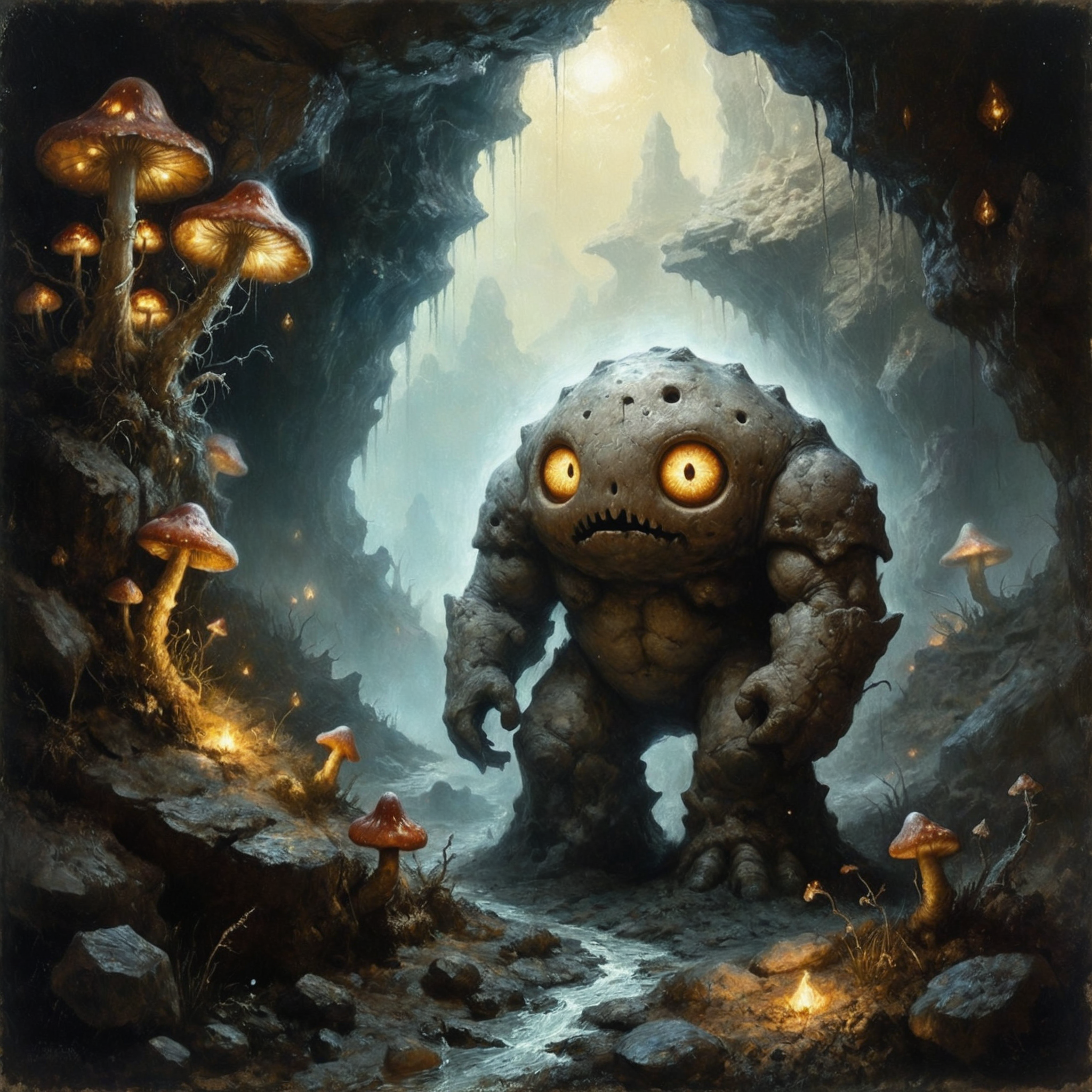 An intricate details, detailed realisti texture, best quality art by (petrus van schendel) (Hans Larwin) and (dorian cleavenger),  (luis royo), a bulky [clay golem], cracked, moist clay, glowing eyes, underground cavern, muddy ground, underdark, glowing mushrooms, colorful [crystals] infused in rocky cavern walls <lora:Kodak Motion Picture Film Style v4:1> <lora:add_detail:0.8> <lora:aesthetic:0.8> <lora:LaxpeintXL-2.0:0.5> <lora:extremely_detailed:0.5> <lora:Desolation:0.3>
