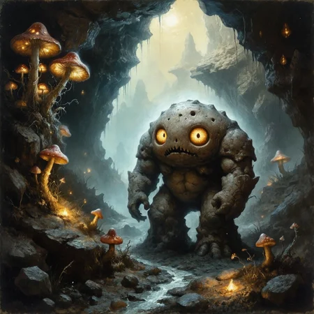 An intricate details, detailed realisti texture, best quality art by (petrus van schendel) (Hans Larwin) and (dorian cleavenger),  (luis royo), a bulky [clay golem], cracked, moist clay, glowing eyes, underground cavern, muddy ground, underdark, glowing mushrooms, colorful [crystals] infused in rocky cavern walls <lora:Kodak Motion Picture Film Style v4:1> <lora:add_detail:0.8> <lora:aesthetic:0.8> <lora:LaxpeintXL-2.0:0.5> <lora:extremely_detailed:0.5> <lora:Desolation:0.3>