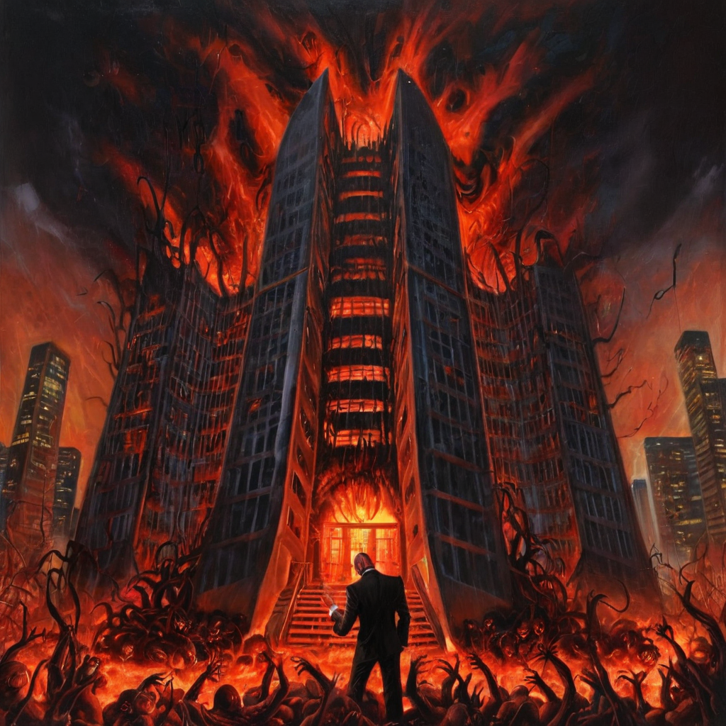 Realistic detailed Painting of demonic corporate building with creepy programmers   
<lora:EdobHell2_XL_v1.0:1>