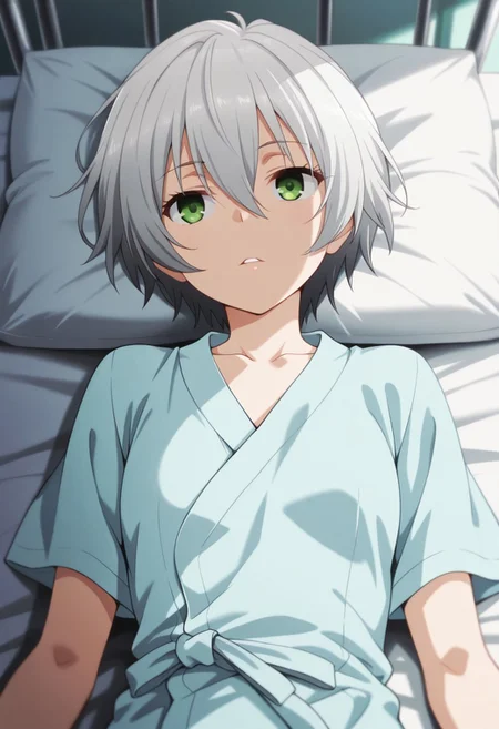 masterpiece,best quality,amazing quality,kurogane shizuku, short hair, green eyes, silver hair, 1girl, solo, lying, shadow, on back, hospital gown, collarbone, parted lips, hair between eyes