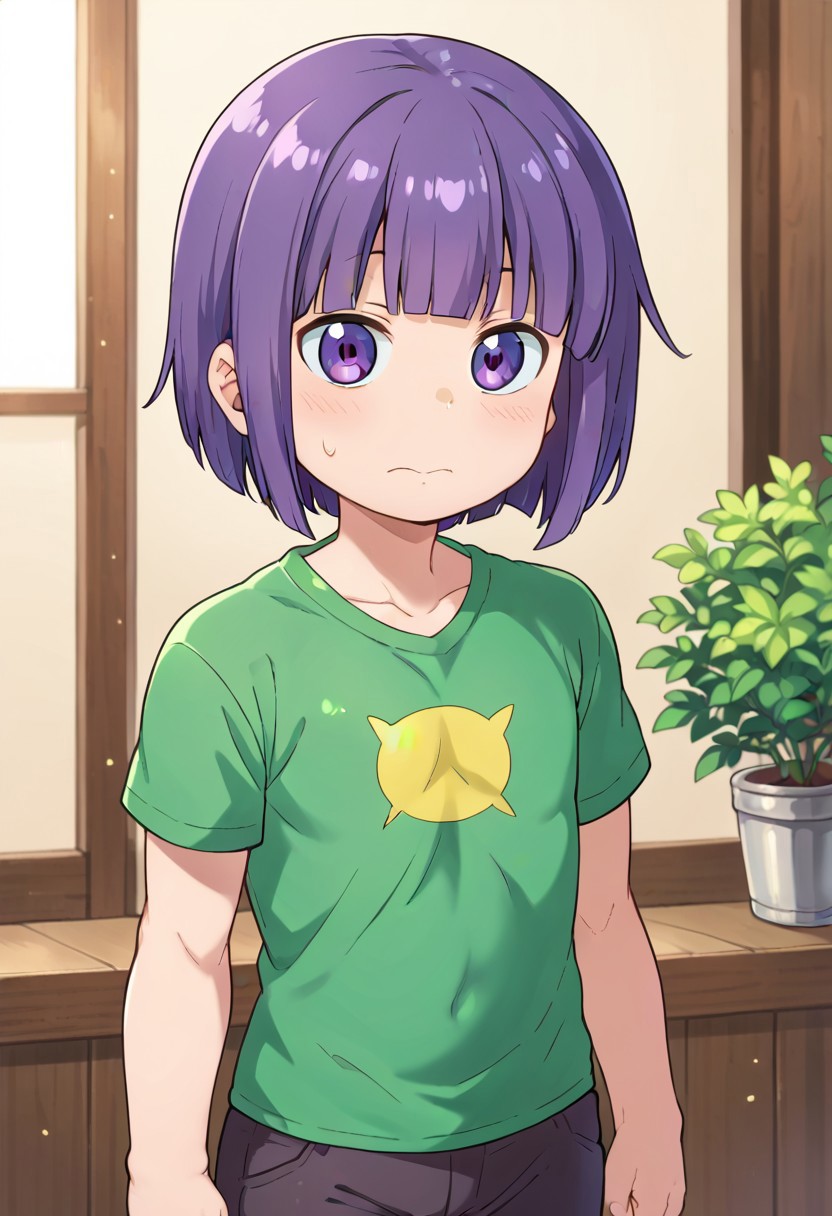 (zPDXL3), 
(zPDXLxxx), 
1boy, 
Shouta Magatsuchi, 
magatsuchi_shouta, 
purple eyes, 
purple hair, 
bob cut, 
blunt bangs, 
shirt, 
short pants,
chibi,
short stature, 
shortstack, 
slender, 
embarrassed, 
bust up,