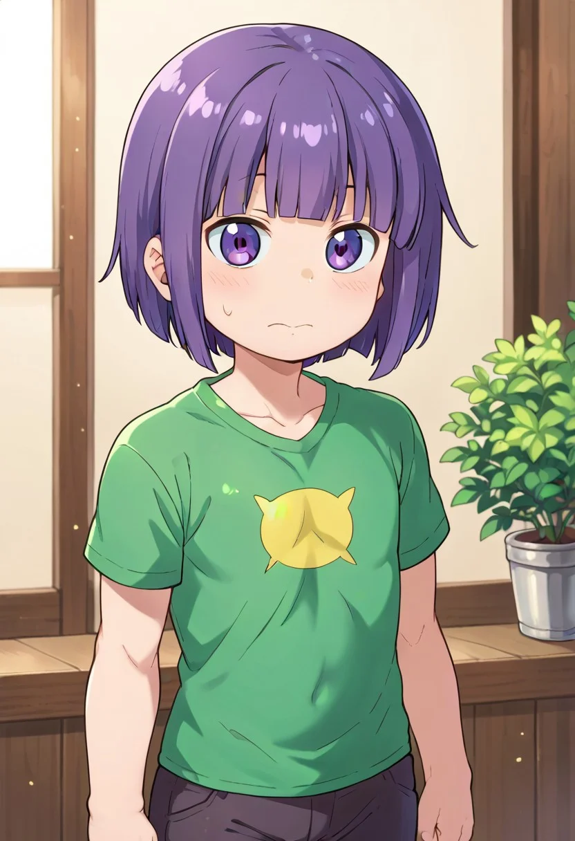 (zPDXL3), 
(zPDXLxxx), 
1boy, 
Shouta Magatsuchi, 
magatsuchi_shouta, 
purple eyes, 
purple hair, 
bob cut, 
blunt bangs, 
shirt, 
short pants,
chibi,
short stature, 
shortstack, 
slender, 
embarrassed, 
bust up,