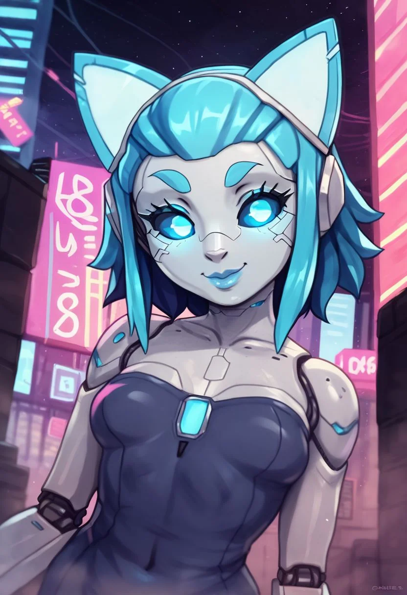 score_9, score_8_up, score_7_up, a cute girl smiling, viewed from behind, ;P, robot girl, android girl, (glowing blue eyes, solid blue eyes, glowing eyes, solid blue sclera, cyan), (blue hair, cyan), robot joints, ((grey artificial metal skin), cyberware lines, cyberware lines on face, robot skin lines on face), in a cyberpunk city, cyberpunk, neon lights, [[drawn by owler, drawn by cyancapsule, ]:0.6]  ((wearing a cute futuristic short strapless dress))