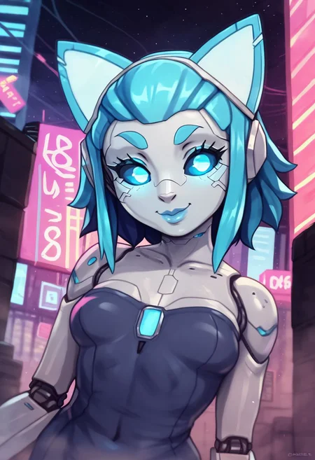 score_9, score_8_up, score_7_up, a cute girl smiling, viewed from behind, ;P, robot girl, android girl, (glowing blue eyes, solid blue eyes, glowing eyes, solid blue sclera, cyan), (blue hair, cyan), robot joints, ((grey artificial metal skin), cyberware lines, cyberware lines on face, robot skin lines on face), in a cyberpunk city, cyberpunk, neon lights, [[drawn by owler, drawn by cyancapsule, ]:0.6]  ((wearing a cute futuristic short strapless dress))