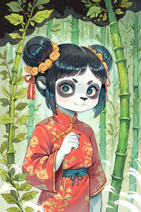 (anthro panda girl:1.4),(solo:1.5),double bun,black hair,ameli,looking at viewer,bamboo forest,
deep dark night,chinese clothes,chinese commentary, portrait,
<lora:Perfect Hands:1> <lora:age_slider_v4:-2> <lora:Ameli:0.9>, score_9, score_8_up, score_7_up, score_6_up, score_5_up, score_4_up,zPDXL