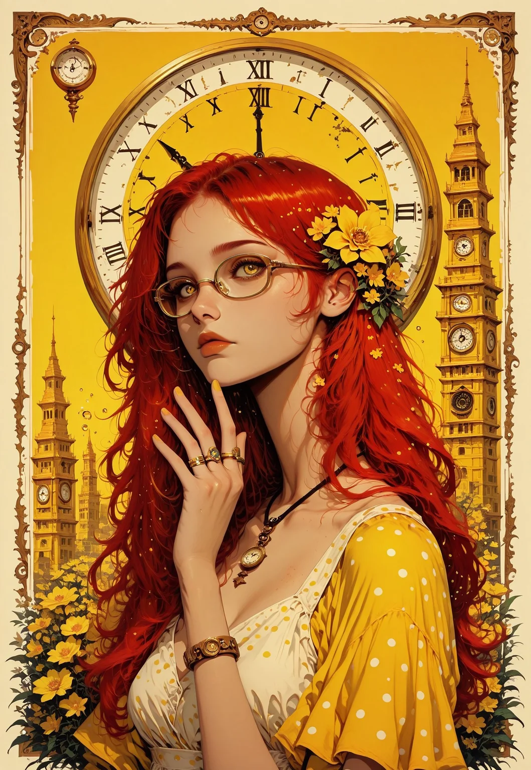 masterpiece, high quality, highres, flat colors, gradient, retro colors, sketch, ink splash, rings, abstract, dynamic angle, cinematic, detailed_hands, elegant_fingers, beautiful_feet, yellow theme
1girl, pin up, red hair, long hair, glasses, flower in hair
summer dress, polka dot, decorated, bracelets, 
tower, clocktower, clock, clock face
closeup, closeup to face, portrait, outside border,artist:moriimee