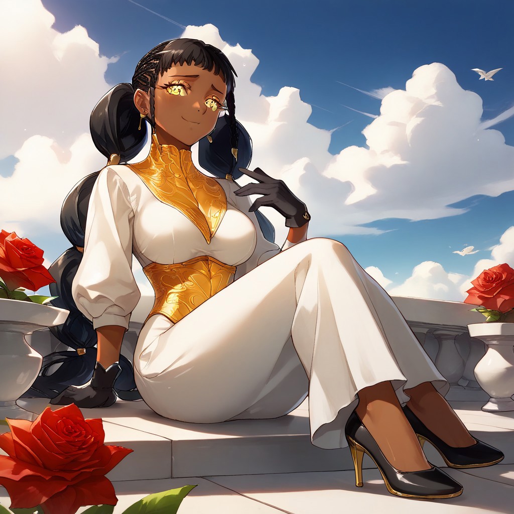 Desscaras, tied hair, 1girl, girl, female, woman, dark skin, yellow eyes, black hair, asymmetrical bang, beautiful, gorgeous, perfection, highly detailed, masterpiece, HD, best quality, perfect anatomy, perfect eyes, perfect face, detailed eyes, detailed face, full body visible, showing heels, full body, full view, full dress, visible heels, black heels with gold details, relaxed, relaxing, perfect hands, perfect fingers, small gold earring, asymmetrical earrings, white dress, gold detail, white clothing, white and gold dress, cute, garden, smug, shiny, big braids, round face, round braids, round tied hair, breasts, hair behind back, oldschool anime, 90s anime artstyle, black gloves, score_9_up, score_8_up, score_7_up