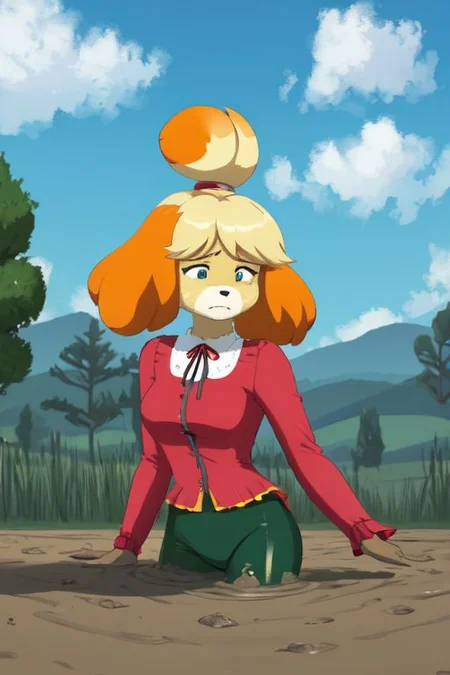 isabelle \(animal crossing\), (masterpiece, best quality:1.15), 1girl, solo, large breasts, high cheekbones, thick eyebrows, small mouth, looking to the side, leaning forward, adjusting clothes, tight leggings, green crop top shirt, starry nights, long hair, twin short braids, scared, partially submerged, struggling, farmland bog, quicksand, worried, sinking