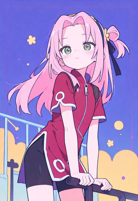 Colorful themes, High Saturation, haiz_ai, orenji,
<lora:ponyv6_noobE11_2_adamW-000017:0.9> <lora:MeMaXL4:0.3> <lora:veluflora-wai:0.35> <lora:haiz_ai_illu:0.7>, allegro,
masterpiece, best quality, newest, Smooth, very awa, very aesthetic, flat colors,
flatchest, small, fragile, youthful, petite, solo, cute, kawaii, fair skin, 1girl, haruno sakura, pink hair, long hair, green eyes,
red shirt, red qipao ,zipper, short sleeves, bike shorts,
nsfw,