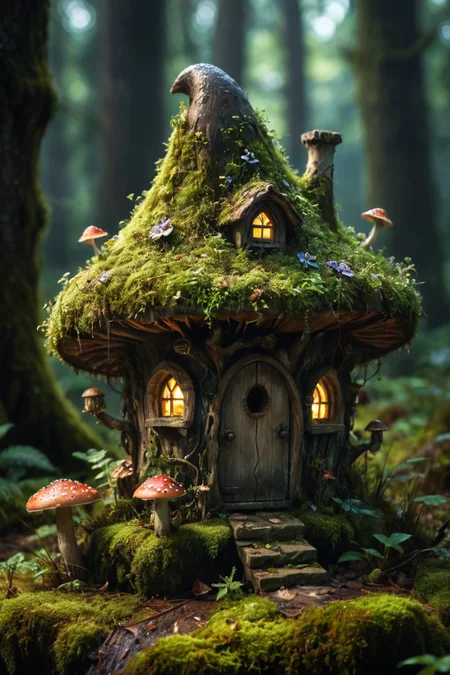 award winning photography capturing a fairy-house made of dark wood, magical mushroom, moss, whimsical. dark night forest background, (indirect light), (at night), shadows, nature photography, sharp image