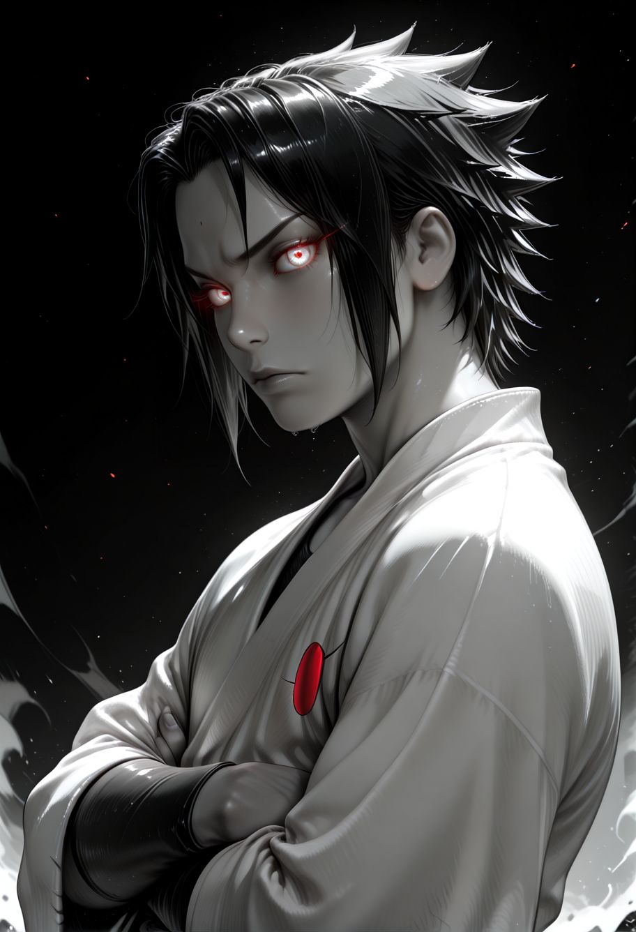 SmoothNoob_Quality, (greyscale:1.5), 1boy, uchiha sasuke, naruto shippuuden, portrait, upper body, serious, glowing eyes, symbol-shaped pupils, japanese clothes, spot color, black and white, dynamic angle, looking at viewer, crossed arms, from side, (black background),<lora:Mature_Comics_Style_-_NoobAI:1>,