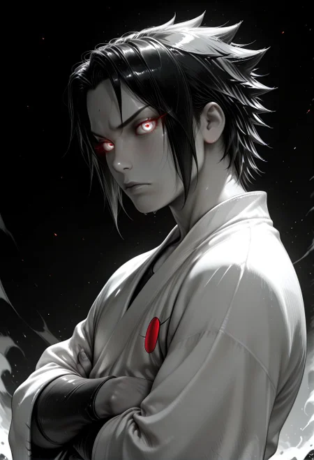 SmoothNoob_Quality, (greyscale:1.5), 1boy, uchiha sasuke, naruto shippuuden, portrait, upper body, serious, glowing eyes, symbol-shaped pupils, japanese clothes, spot color, black and white, dynamic angle, looking at viewer, crossed arms, from side, (black background),<lora:Mature_Comics_Style_-_NoobAI:1>,