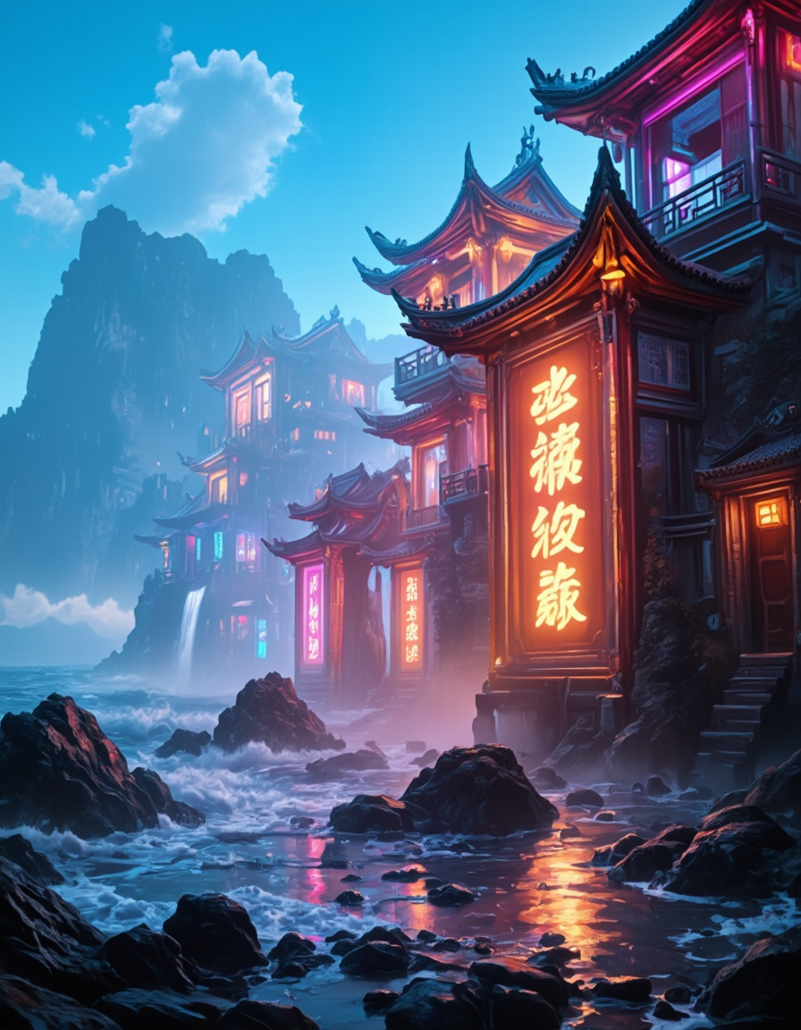 <lora:CWMinis01v2flux:1> cw01mini, colorful, chinese, chinese temples, glowing kanji, glow, illuminated, day, low angle shot, photo, mist, blue sky, sunny day, glowing runes, wet, reflections, rough sea, waves, rocks, waterfall