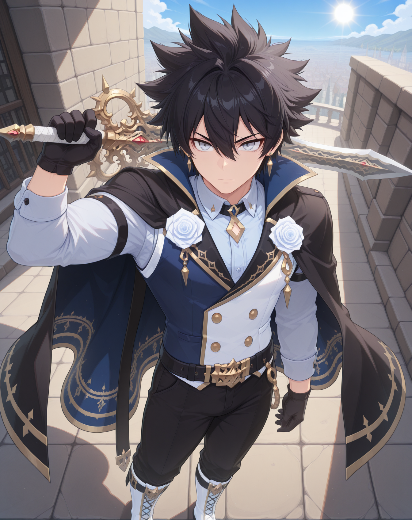 masterpiece, amazing quality, best quality, absurdres, very aesthetic,
1boy, solo, yaoi, male focus, full body, from above, standing, looking at viewer, face focus,
<lora:Sieghart_Wonderland_ilxl:1> sieghartwonderland, spiked hair, black hair, hair between eyes, grey eyes, short hair,
black cape, black gloves, belt, collared shirt, white shirt, long sleeves, gold trim, two-sided fabric, white flower, white rose, white vest, two-tone vest, blue vest, knee boots, black pants, white footwear,
earrings, jewelry,
holding weapon, holding sword, weapon over shoulder,
outdoors, day, blue sky, sun,