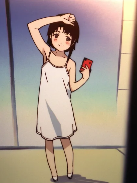 score_9, score_8_up, score_7_up, score_6_up, score_5_up, score_4_up, source_anime, rating_questionable, <lora:Lain_PonyXLv3:1> Lain, 1girl, solo, anime screencap, selfie, arm up, smile, blush, red smartphone, full body, holding phone, white camisole, small breasts,
