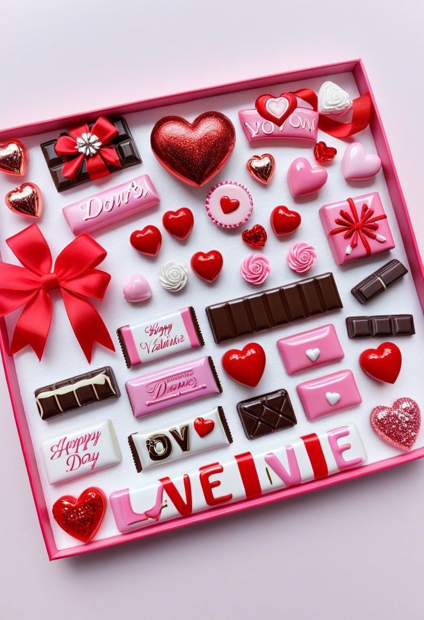 valentine's nail art, chocolate bar and heart jewelry, ribbon, gift, nail art of valentine's day, photorealistic, 3D nail art,