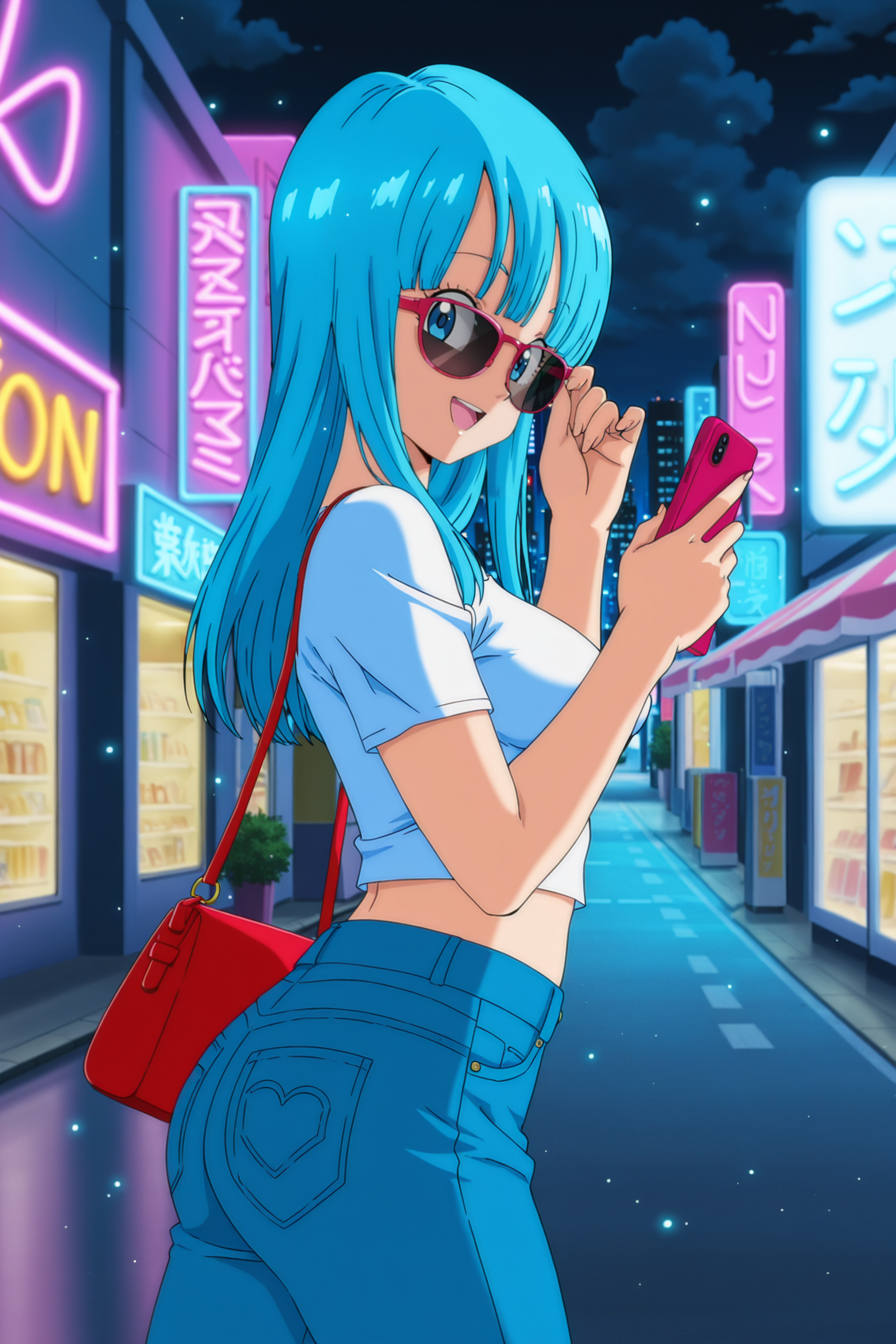 anime screencap, masterpiece, best quality, amazing quality, very aesthetic, absurdres,  newest, (scenery, volumetric lighting), official style, 
maron, official style, 1girl, solo, long hair, medium breasts, looking at viewer, smile, blue hair, bangs, blue eyes, 
jeans, white shirt, midriff, handbag, cowboy shot, sunglasses, ass, from side, looking at viewer, adjusting eyewear, looking at viewer, cityscape, walking, street, night, shop, neon, holding phone, blue hue, small breasts, dark sky, cloud, blurry background, open mouth, smile, neon lights, dappled moonlight, light particles,
 <lora:Maron_IL:0.8>