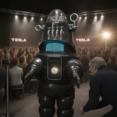 cinematic photo a robot is hosting a conference in front of a crowd, holds a microphone, text ''TESLA'', tesla logo<lora:Robby1024:0.7> . 35mm photograph, film, bokeh, professional, 4k, highly detailed