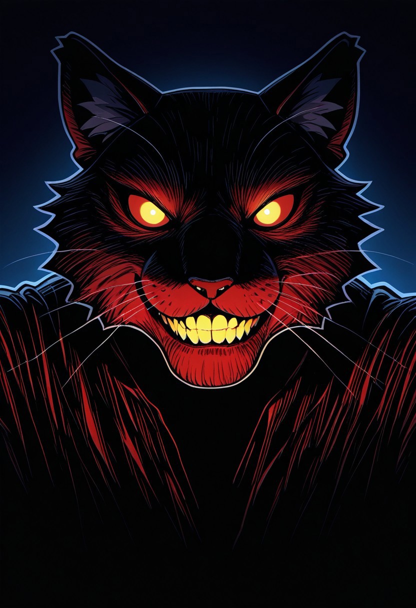MASTERPIECE, AMAZING QUALITY, PORTRAIT, PAPER CUTOUT, 1BOY, FURRY, CHESHIRE CAT, GRIN, GLOWING EYES, DARK, BLOODY SUIT,
