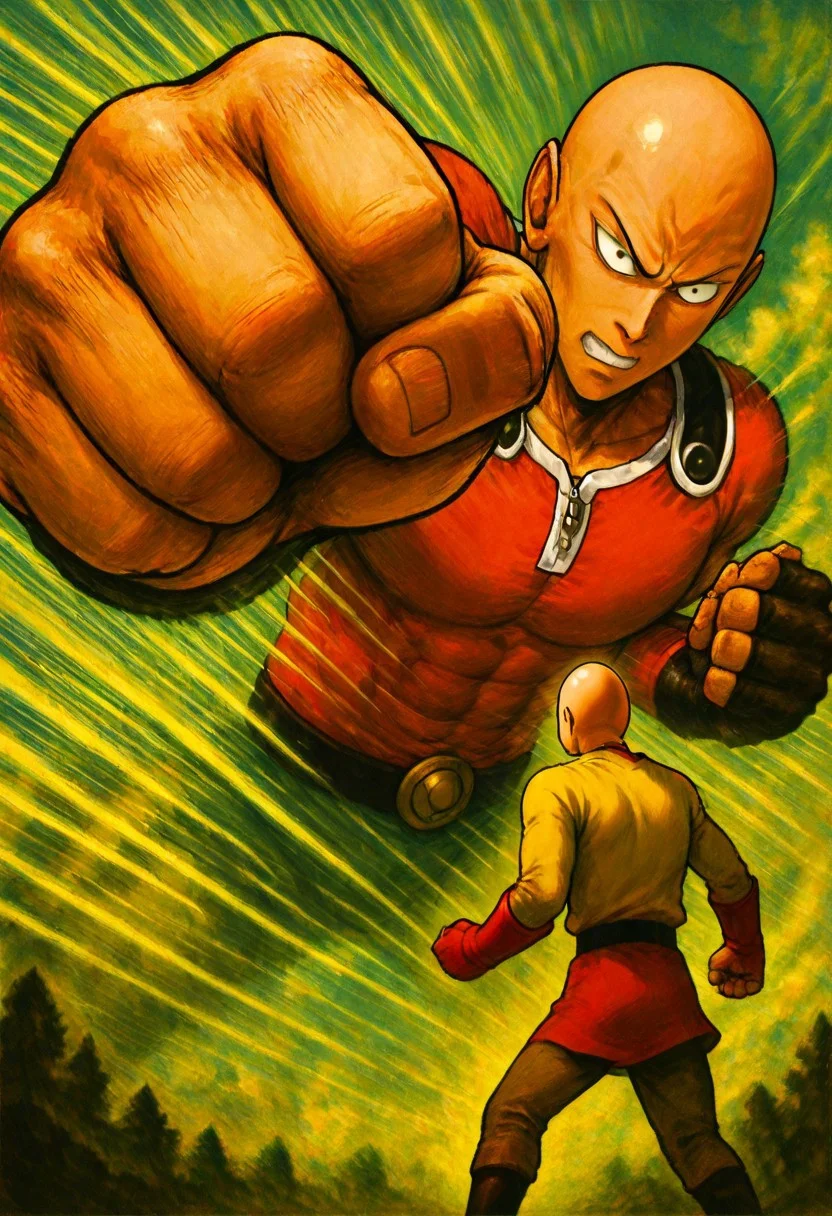 masterpiece, best quality, newest, absurdres, highres, OPMSP-V1.1, punching, incoming punch, incoming attack, clenched hand, 2boys, saitama_(one-punch_man), bald, battle, size difference, giant,