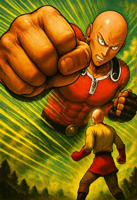 masterpiece, best quality, newest, absurdres, highres, OPMSP-V1.1, punching, incoming punch, incoming attack, clenched hand, 2boys, saitama_(one-punch_man), bald, battle, size difference, giant,