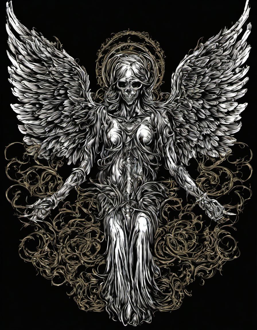 metal_tee, an angelical creature, vector digital illustration, (black background:1.5) <lora:metal_tee_sdxl:1>