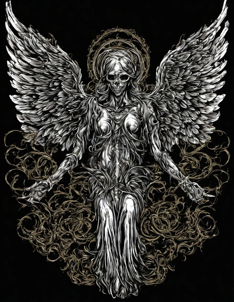 metal_tee, an angelical creature, vector digital illustration, (black background:1.5) <lora:metal_tee_sdxl:1>
