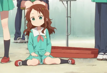 rikos, saisch, long hair, green skirt, brown hair, hair ornament, green eyes, flower, hair flower, school uniform, shoes, socks, uwabaki, thighhighs, sitting, score_9, score_8_up, score_7_up, ,source_anime, best quality, masterpiece, , full body view, 1girl , solo , girl focus , hands on hips,
